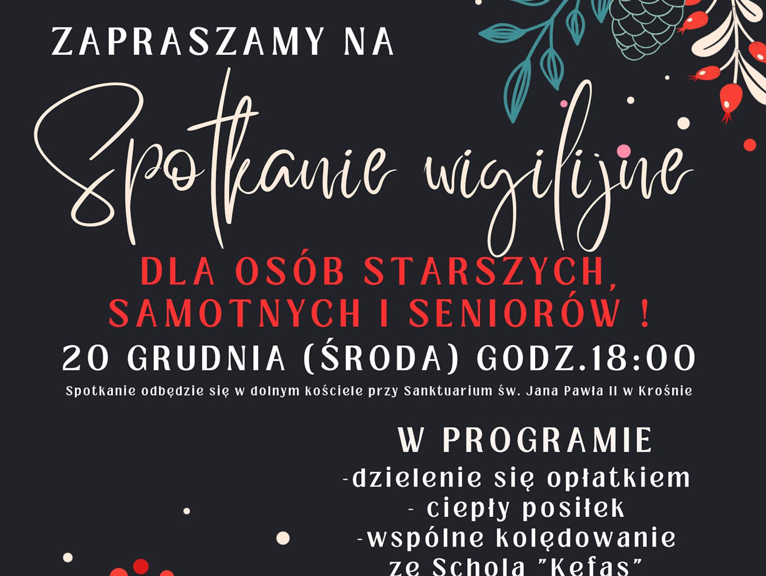 Spotkanie Wigilijne dla osób starszych i samotnych i seniorów