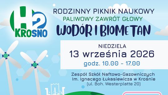 Plakat rodzinnego pikniku naukowego w Krośnie o wodorze i biometanie