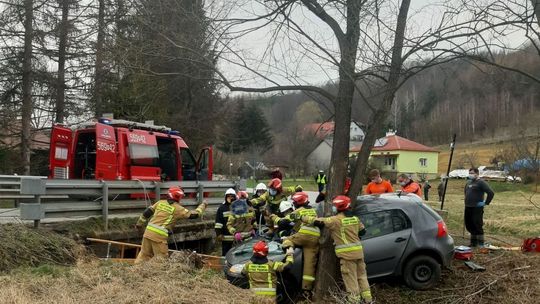 ? Osobówka uderzyła w drzewo w Lutczy. Jedna osoba zakleszczona