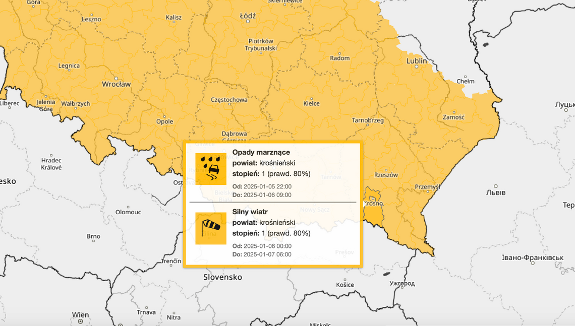 Ostrzeżenia meteorologiczne IMGW dla powiatu krośnieńskiego. Silny wiatr i opady marznące