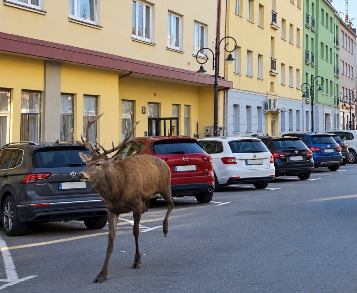 Jeleń biegał po centrum Krosna. Uszkodził samochód Jeleń biegał po centrum Krosna. Uszkodził samochód