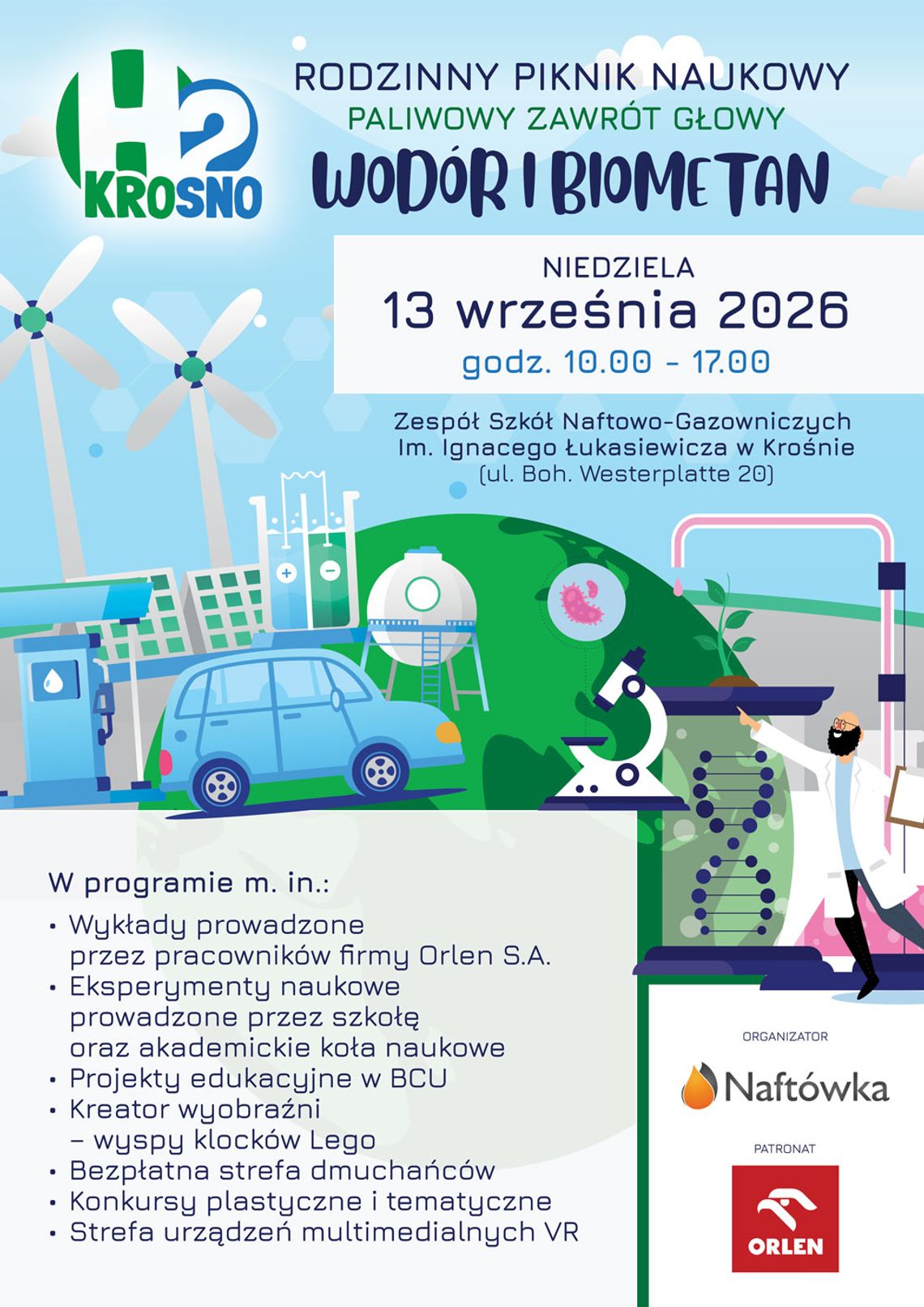Plakat rodzinnego pikniku naukowego w Krośnie o wodorze i biometanie