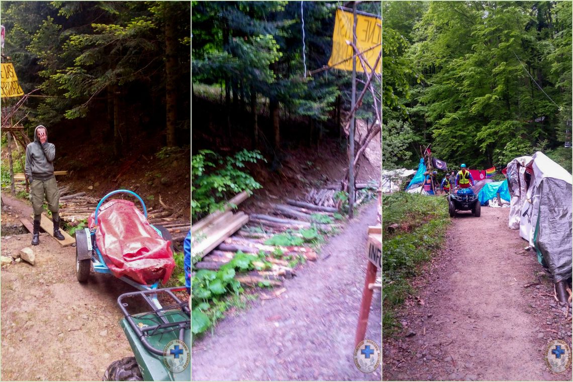Ratownicy GOPR Bieszczady mieli utrudniony dojazd do chorej kobiety. Przez obozowisko i zniszczoną drogę