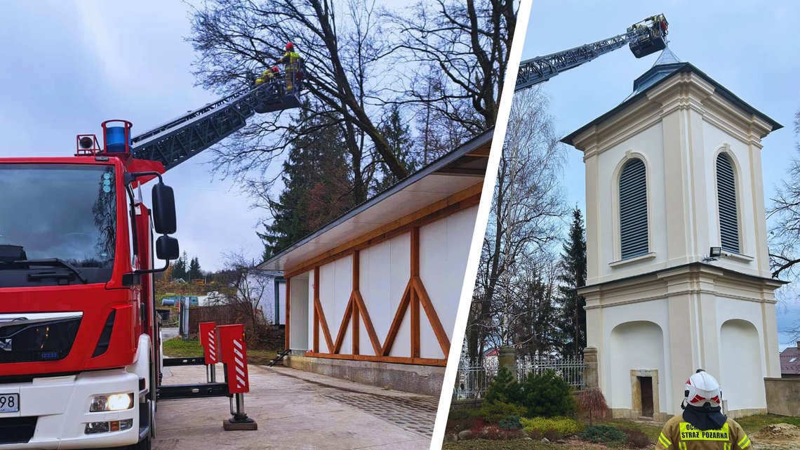 Silny wiatr. W Dukli drzewo pochyliło się nad budynkiem, w Rymanowie uszkodzona blacha na dzwonnicy