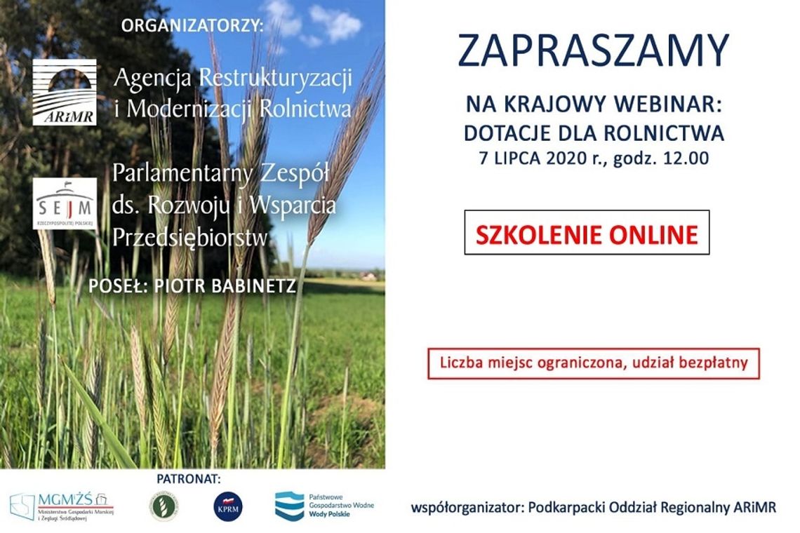 Spotkania online pt. "Krajowy webinar DOTACJE DLA ROLNICTWA"