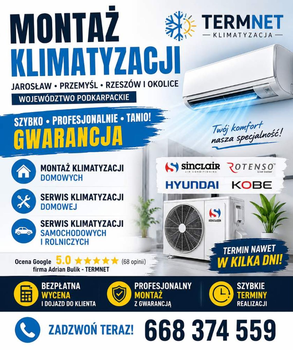 Montaż klimatyzacji Jarosław Przemyśl Rzeszów i okolice  TERMNET