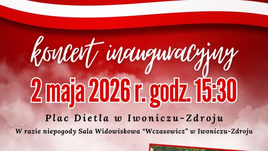 Plakat informacyjny o koncercie inauguracyjnym Iwonickiej Orkiestry Salonowej 2 maja 2026 godz. 15:30