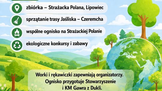 Plakat Jaśliski Eko Piknik 25 kwietnia z ilustracją krajobrazu i globu