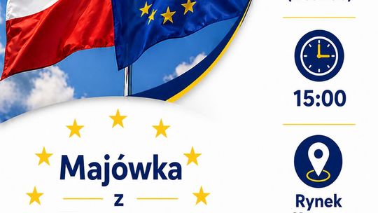 Flagi Polski i Unii Europejskiej oraz napis Majówka z Europą