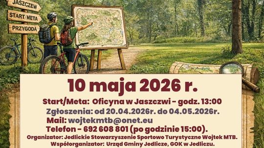 Plakat Rowerowa Mapa Przygód: rowerzyści przy mapie, data 10 maja 2026