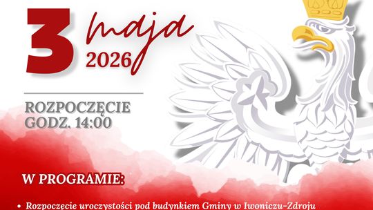 Plakat obchodów Święta Konstytucji 3 Maja 2026 w Iwoniczu‑Zdroju z orłem i datą 3 maja