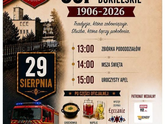 Plakat jubileuszu 120-lecia OSP Łęki Dukielskie z programem obchodów i grafiką wozu strażackiego