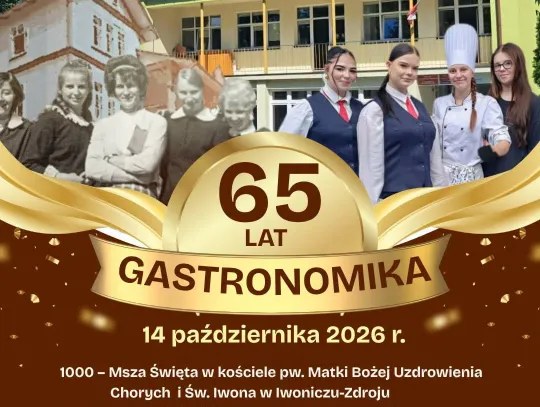 Plakat jubileuszu 65 lat Gastronomika w Iwoniczu-Zdroju z programem wydarzenia