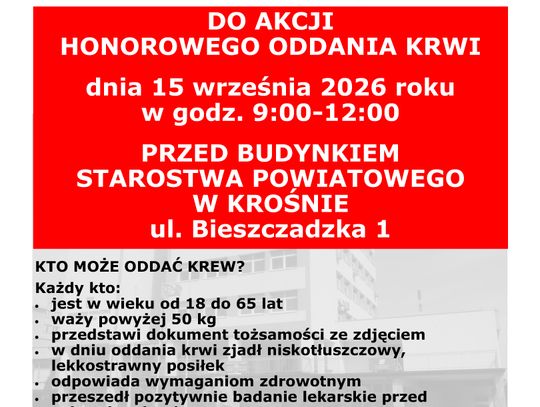 Plakat informujący o akcji honorowego oddania krwi w Krośnie 15 września 2026 roku