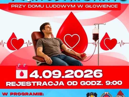 Plakat akcji krwiodawstwa w Głowience z datą 4.09.2026 i rejestracją od godziny 9:00