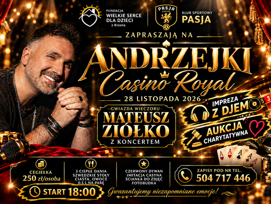 Plakat wydarzenia Andrzejki Casino Royal z koncertem Mateusza Ziółko w Krośnie