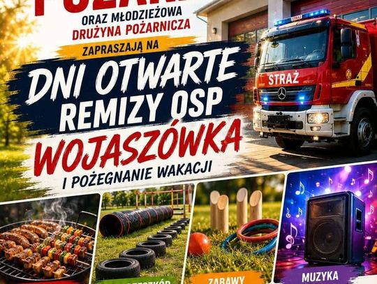 Plakat zapraszający na Dni Otwarte Remizy OSP Wojaszówka 29 sierpnia 2026 o godzinie 16:00.