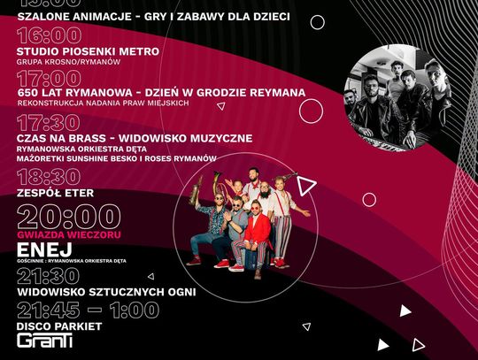 Plakat Dni Rymanowa 2026 z programem wydarzeń i koncertem zespołu Enej