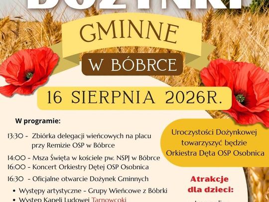 Plakat wydarzenia Dożynki Gminne w Bóbrce 16 sierpnia 2026 roku z programem imprezy