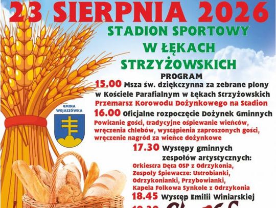 Plakat Dożynek Gminy Wojaszówka 23 sierpnia 2026 na stadionie sportowym w Łękach Strzyżowskich