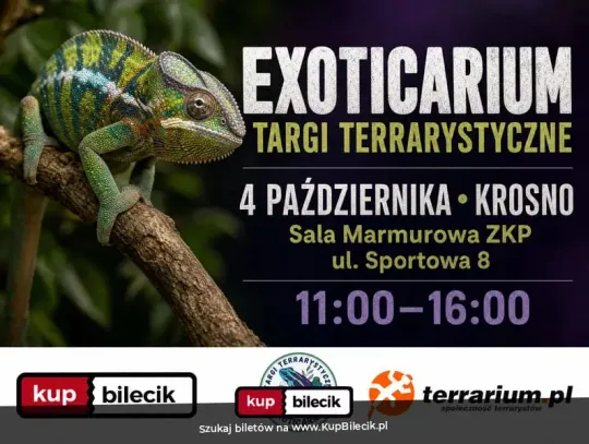 Plakat wydarzenia Exoticarium - Targi Terrarystyczne w Krośnie z kameleonem na gałęzi