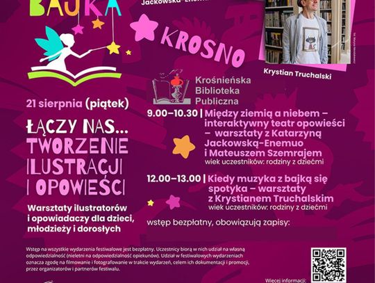 Plakat Festiwalu Literackiego „Łączy nas bajka” w Krośnie z programem na 21 sierpnia 2026