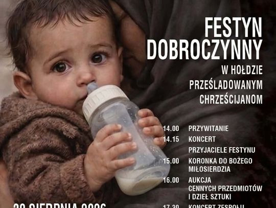 Plakat festynu dobroczynnego w Rymanowie-Zdroju z fotografią dziecka trzymanego przez kobietę