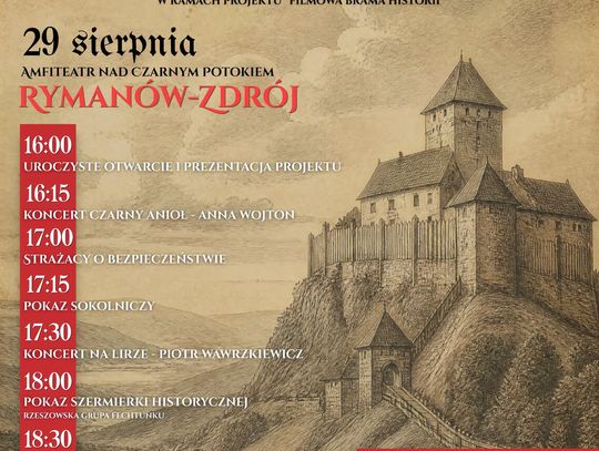 Plakat wydarzenia Filmowa Brama Dziejów w Rymanowie-Zdroju z programem godzinowym i ilustracją zamku