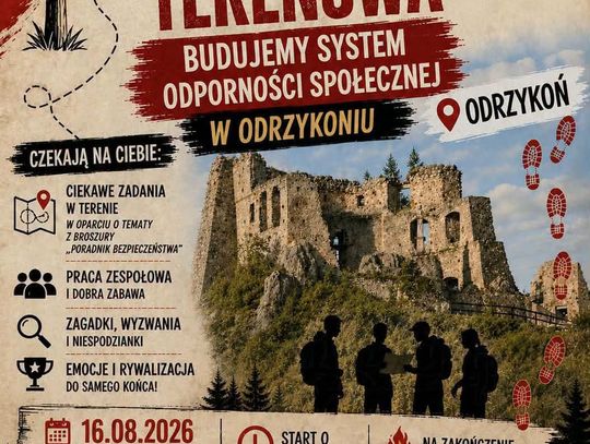 Plakat gry terenowej w Odrzykoniu z ruinami zamku w tle
