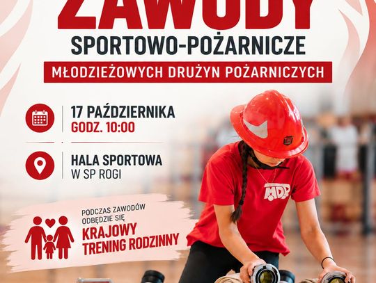 Plakat promujący II Gminne Halowe Zawody Sportowo-Pożarnicze Młodzieżowych Drużyn Pożarniczych w Rogach