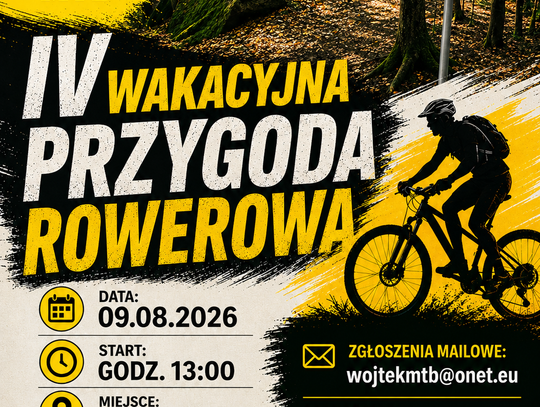 Plakat wydarzenia IV Wakacyjna Przygoda Rowerowa z grafiką rowerzysty MTB w lesie