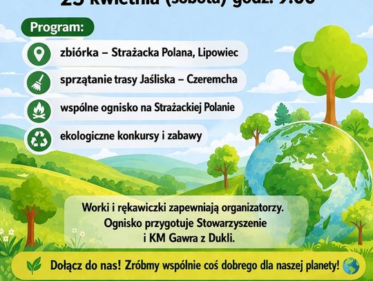 Plakat Jaśliski Eko Piknik 25 kwietnia z ilustracją krajobrazu i globu