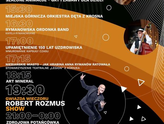Plakat wydarzenia Jedyne Takie Miejsce z programem obchodów 150 lat Rymanowa-Zdroju w amfiteatrze