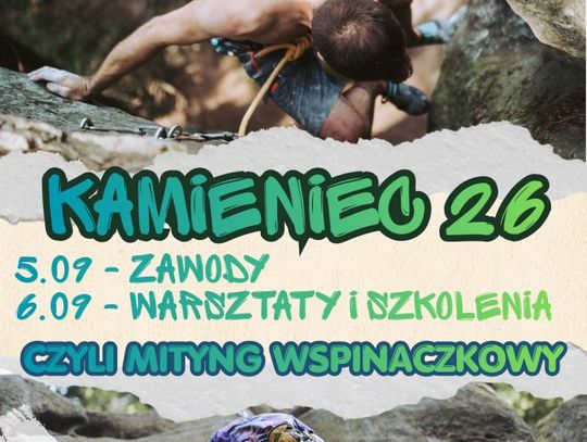 Plakat wydarzenia wspinaczkowego Kamieniec 26 z terminami zawodów i warsztatów