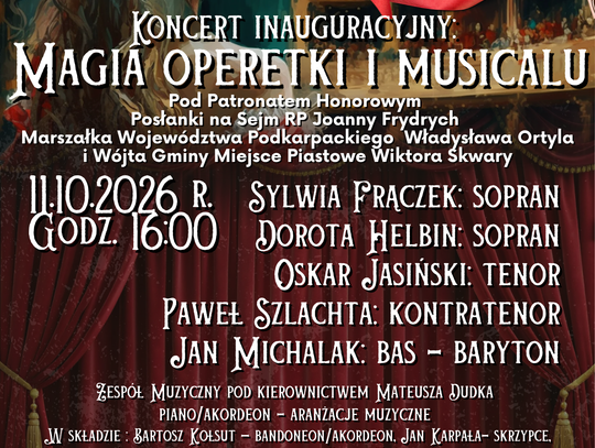 Plakat koncertu inauguracyjnego Magia operetki i musicalu z datą 11.10.2026 i listą wykonawców