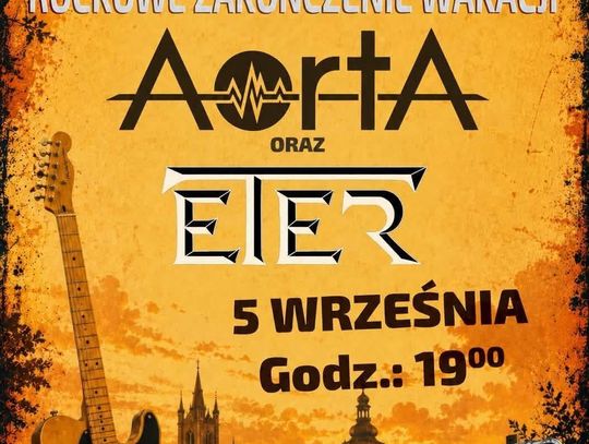 Plakat koncertu plenerowego w Krośnie z zespołami Aorta i Eter
