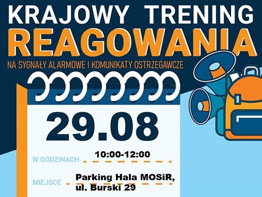 Plakat wydarzenia Krajowy Trening Reagowania z datą 29.08 i miejscem Parking Hala MOSiR, ul. Burski 29