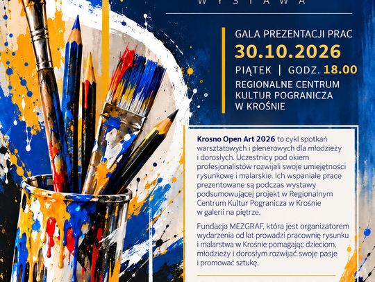 Plakat wydarzenia Krosno Open Art 2026 z pędzlami, ołówkami i informacjami o wystawie w Krośnie