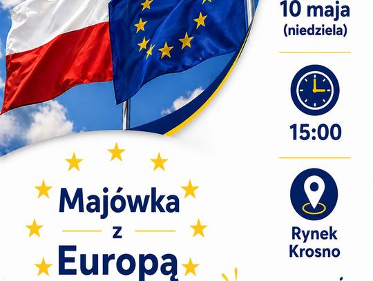 Flagi Polski i Unii Europejskiej oraz napis Majówka z Europą