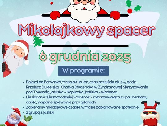 Plakat zapraszający na Mikołajkowy spacer z Mikołajem