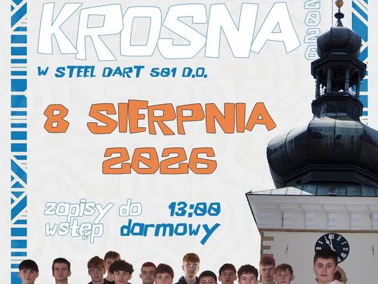 Plakat Młodzieżowych Mistrzostw Krosna w Steel Dart 501 D.O. z datą 8 sierpnia 2026 i miejscem Klub K15 w Krośnie