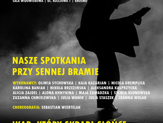 Plakat wydarzenia tanecznego w Krośnie z sylwetką tancerza na ciemnym tle