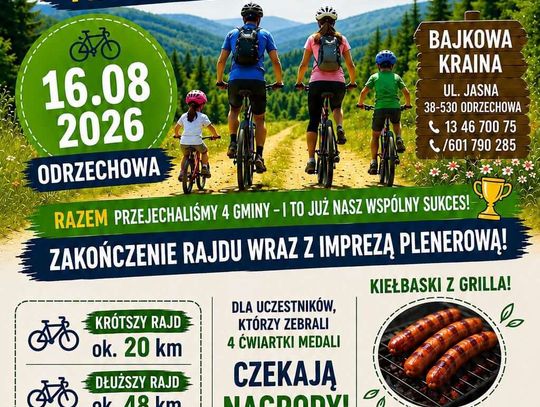 Plakat wydarzenia Ostatni Rajd Rowerowy w Odrzechowej 16 sierpnia 2026 roku