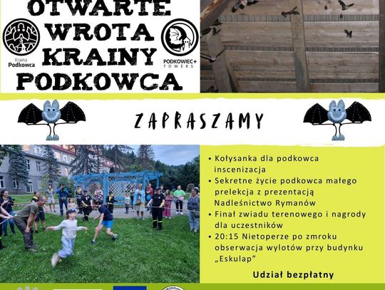 Plakat wydarzenia Otwarte Wrota Krainy Podkowca w Rymanowie-Zdroju z fotografiami nietoperzy i programem atrakcji