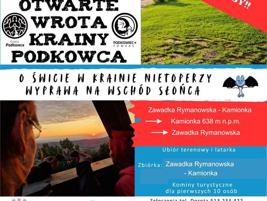 Plakat wydarzenia Otwarte Wrota Krainy Podkowca z informacją o porannej wyprawie na wschód słońca w Zawadce Rymanowskiej