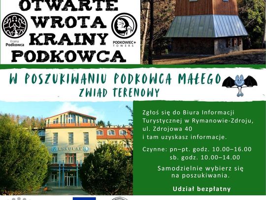 Plakat wydarzenia Otwarte Wrota Krainy Podkowca w Rymanowie-Zdroju z wieżą i informacjami o zwiadzie terenowym