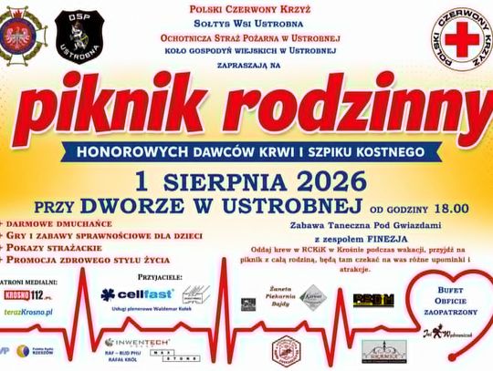 Plakat wydarzenia Piknik Rodzinny Honorowych Dawców Krwi i Szpiku Kostnego w Ustrobnej