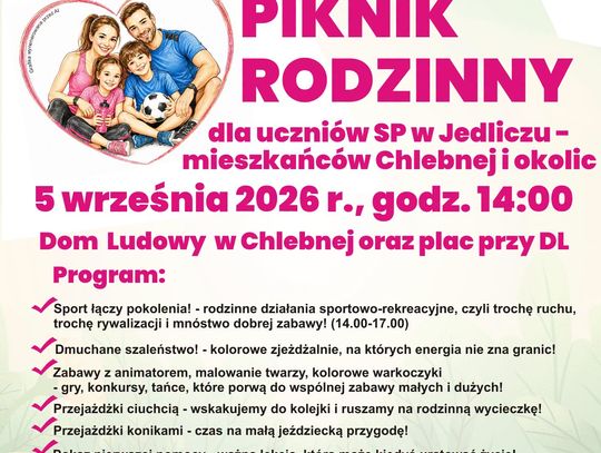 Plakat wydarzenia Piknik Rodzinny w Chlebnej z datą 5 września 2026 i programem atrakcji dla rodzin