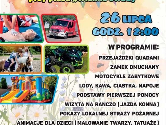 Plakat wydarzenia Półmetek wakacji w Niżnej Łące z programem atrakcji dla rodzin