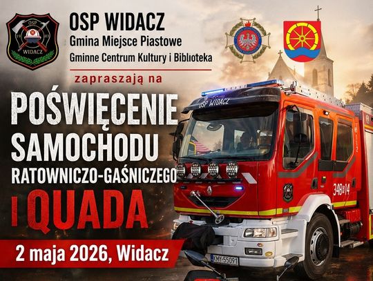 Plakat: poświęcenie samochodu ratowniczo-gaśniczego i quada z wozem strażackim i quadem